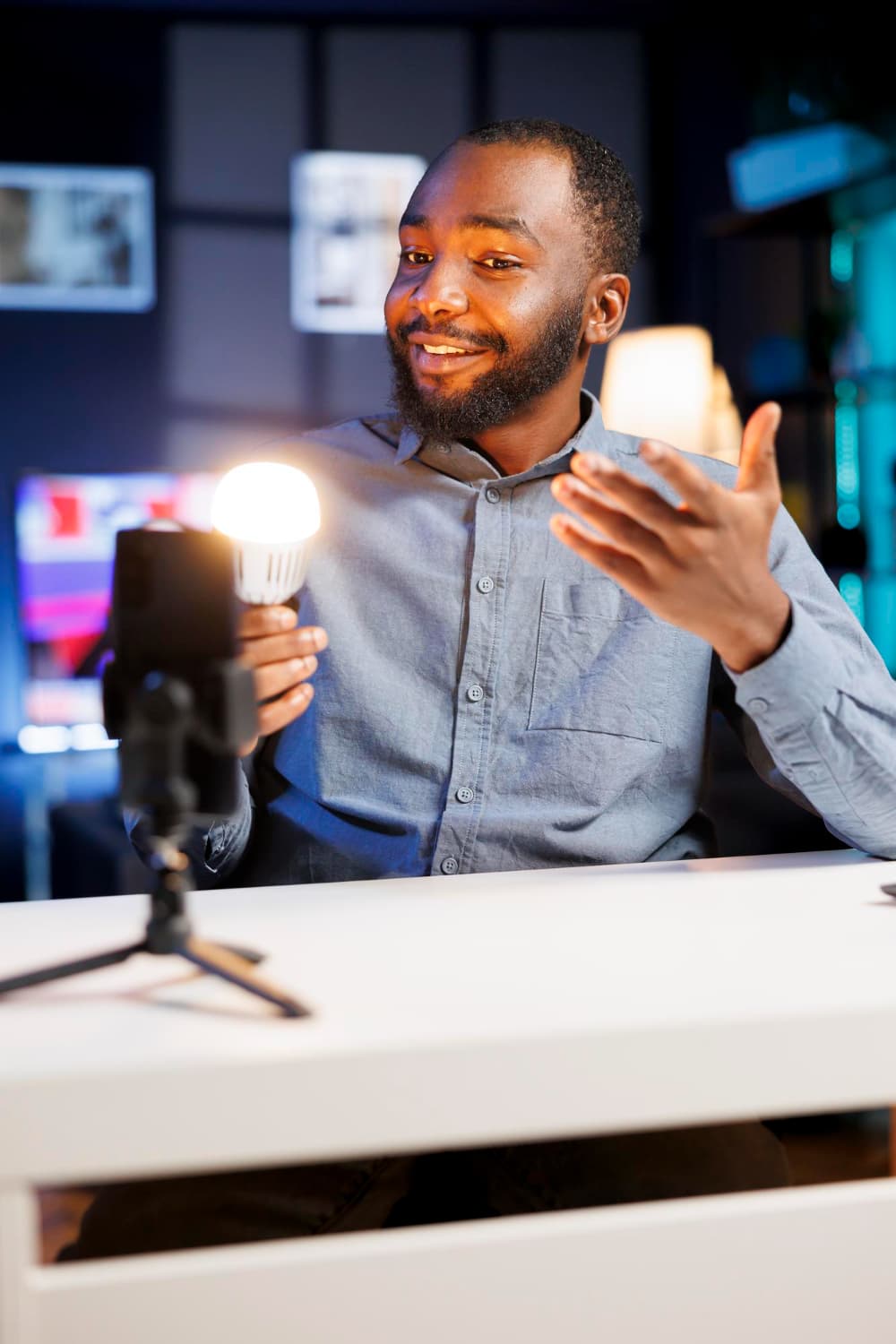 A content creator recording a video